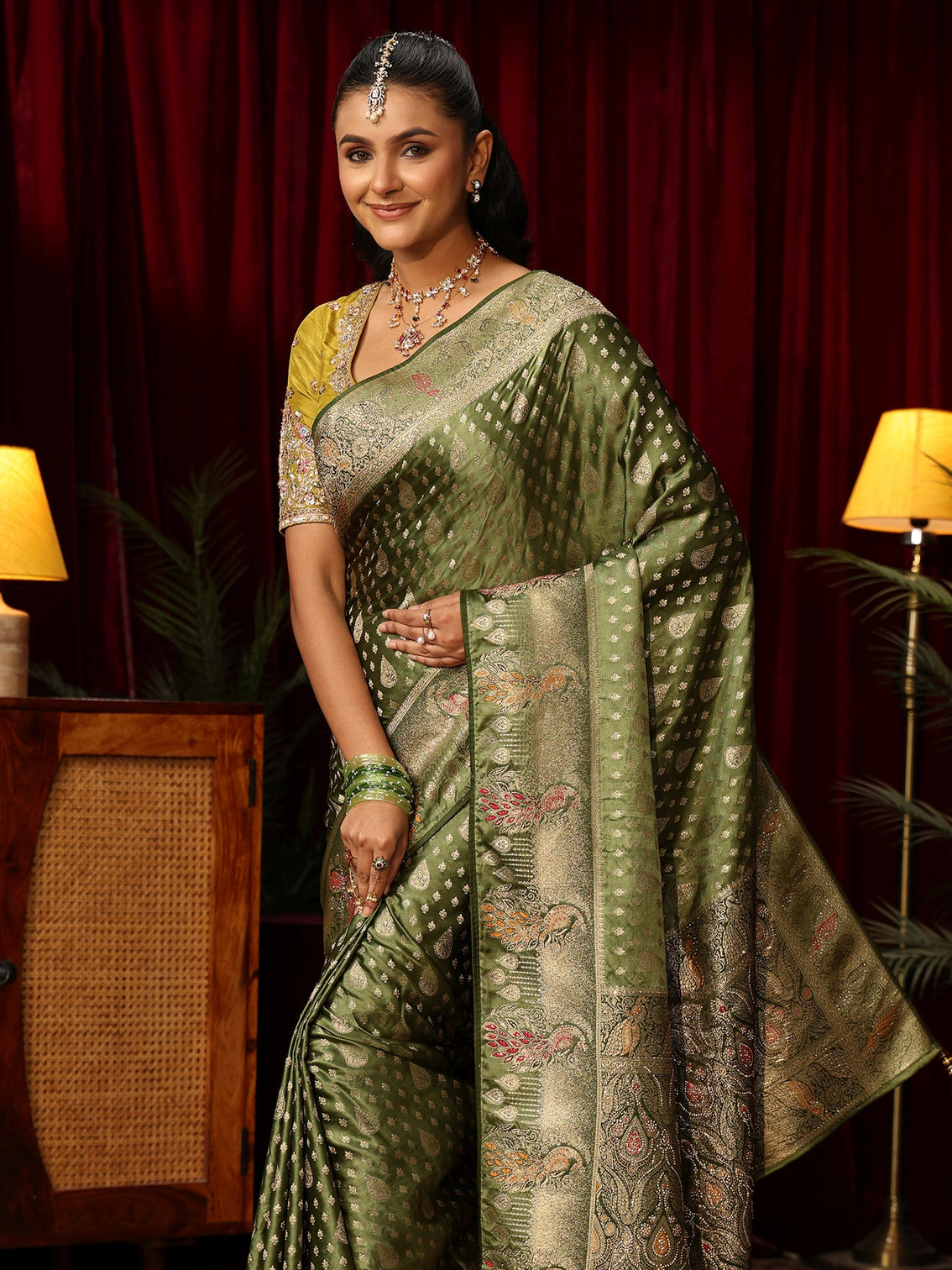 Mameraa Olive Green Woven Design Silk Blend Saree with Stone Work