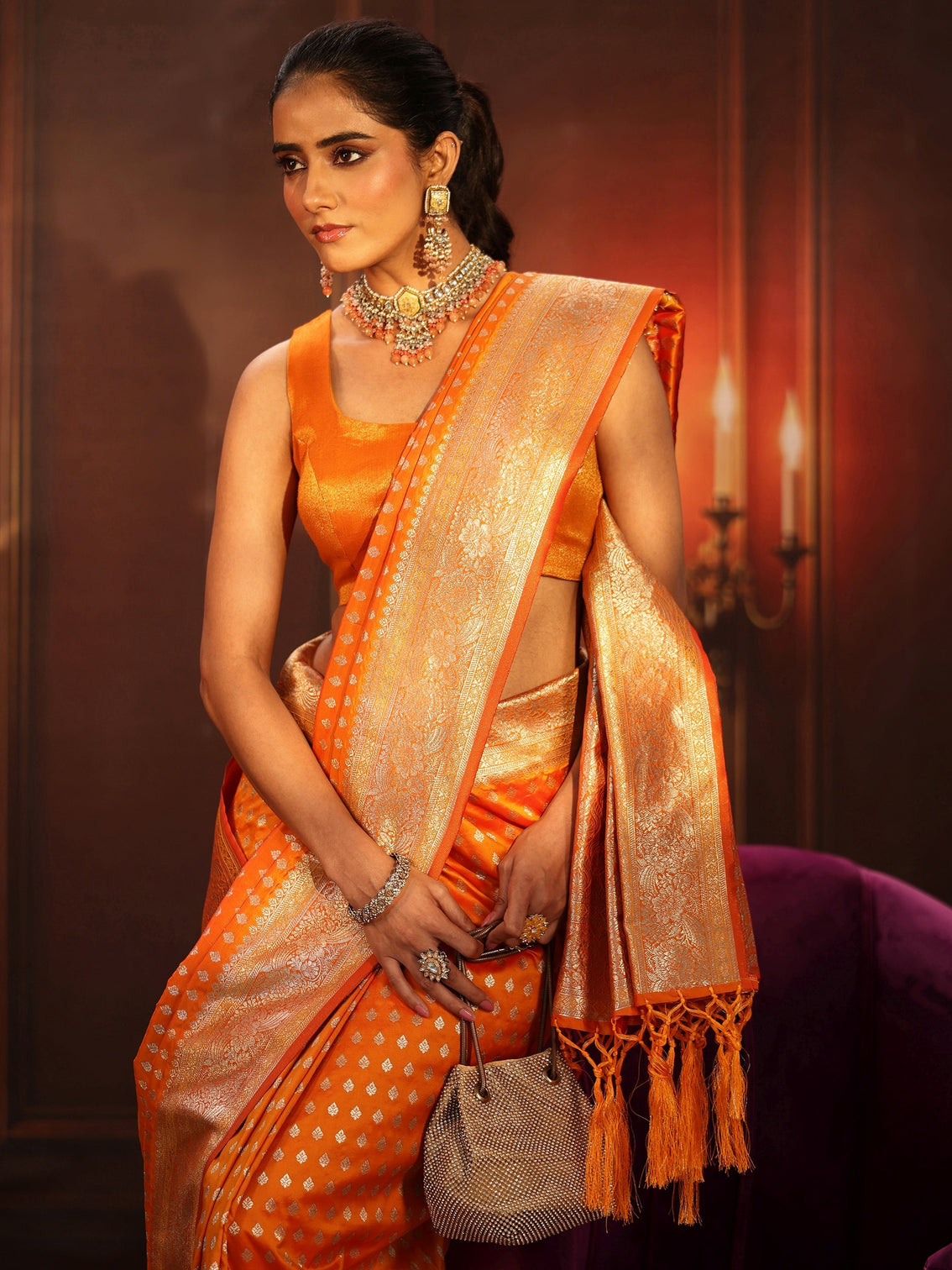 Mameraa Orange Banarasi Silk Blend Saree