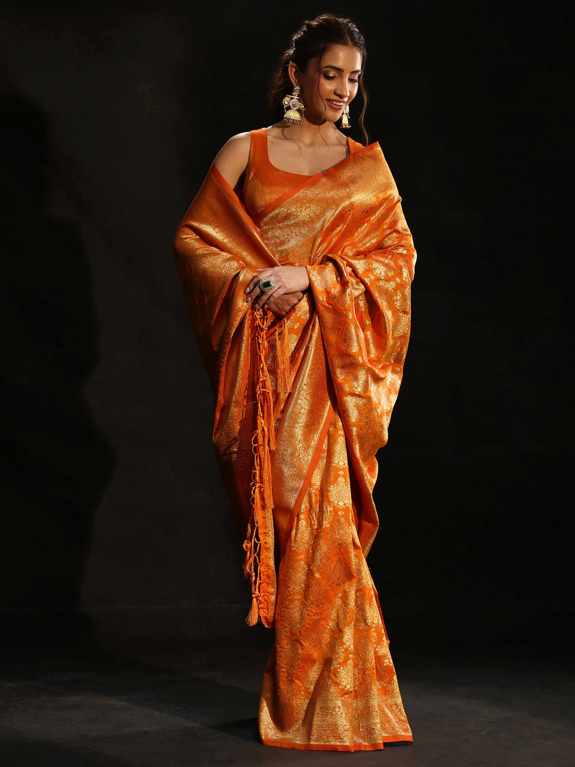 Mameraa Orange Banarasi Silk Blend Saree