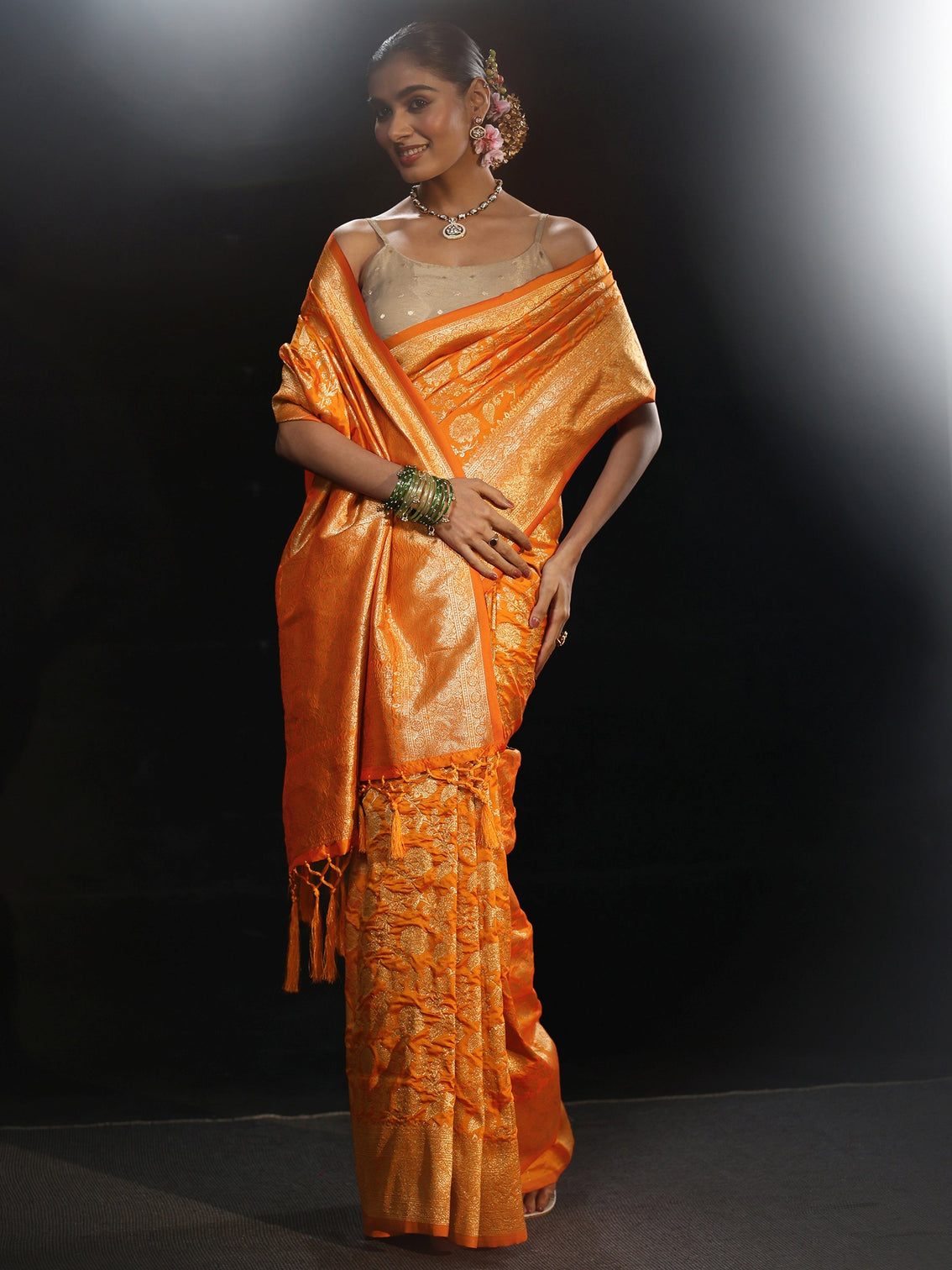 Mameraa Orange Banarasi Silk Blend Saree