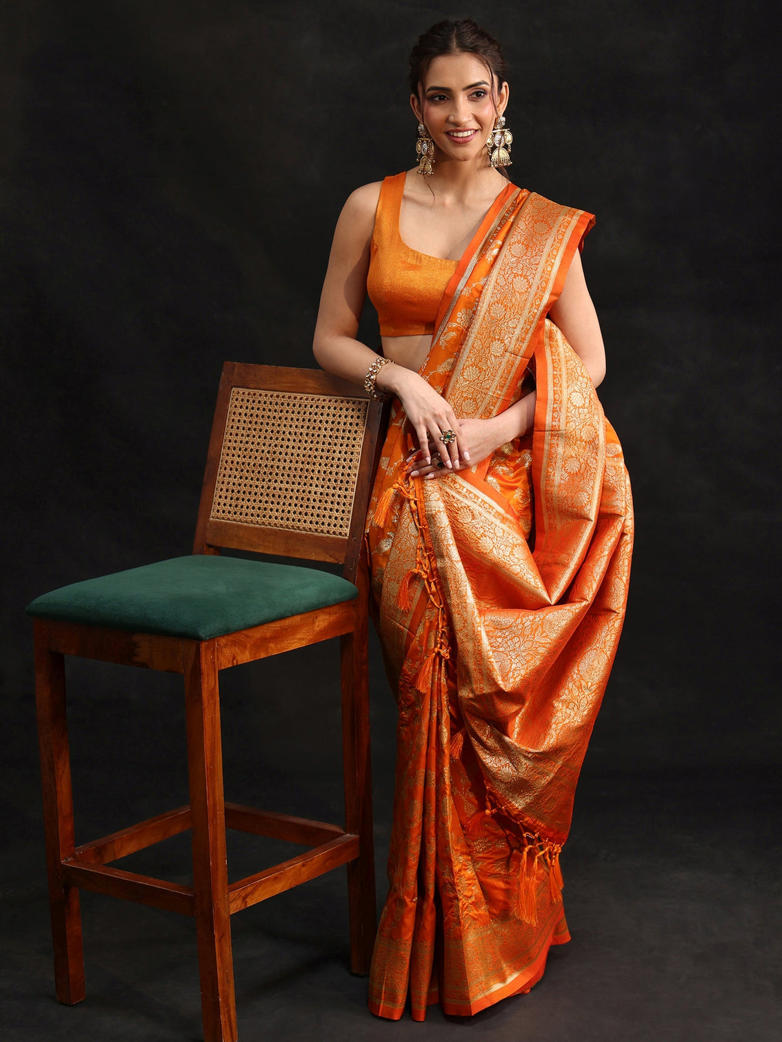 Mameraa Orange Banarasi Silk Blend Saree