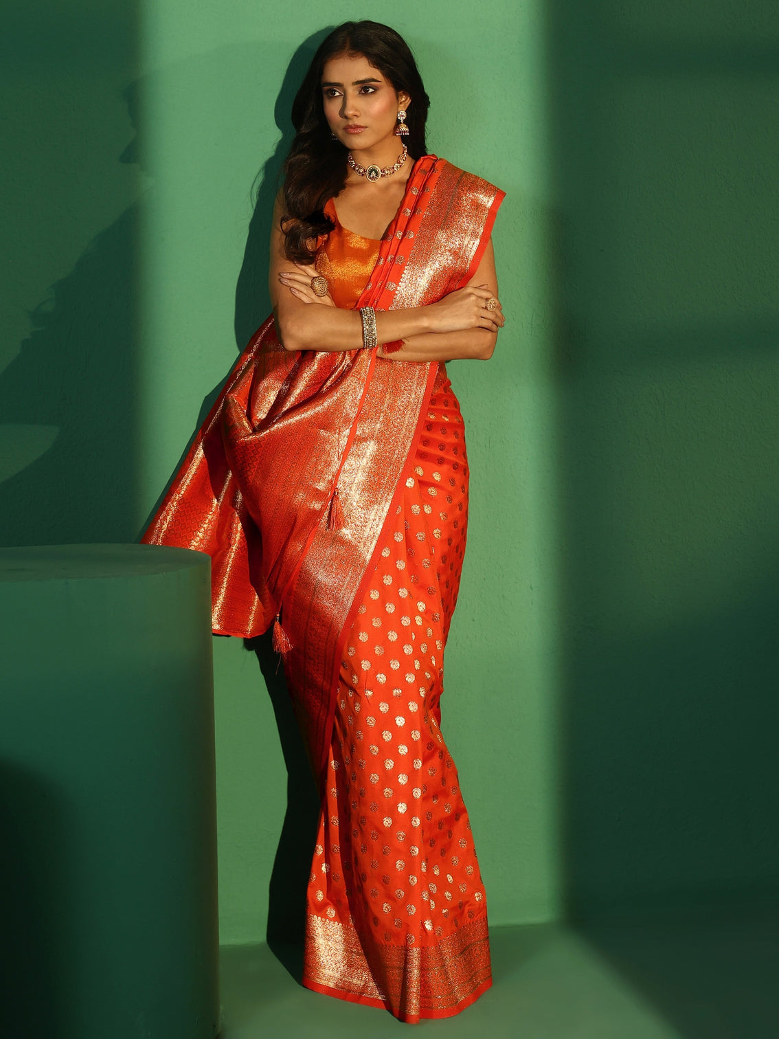 Mameraa Orange Banarasi Silk Blend Saree