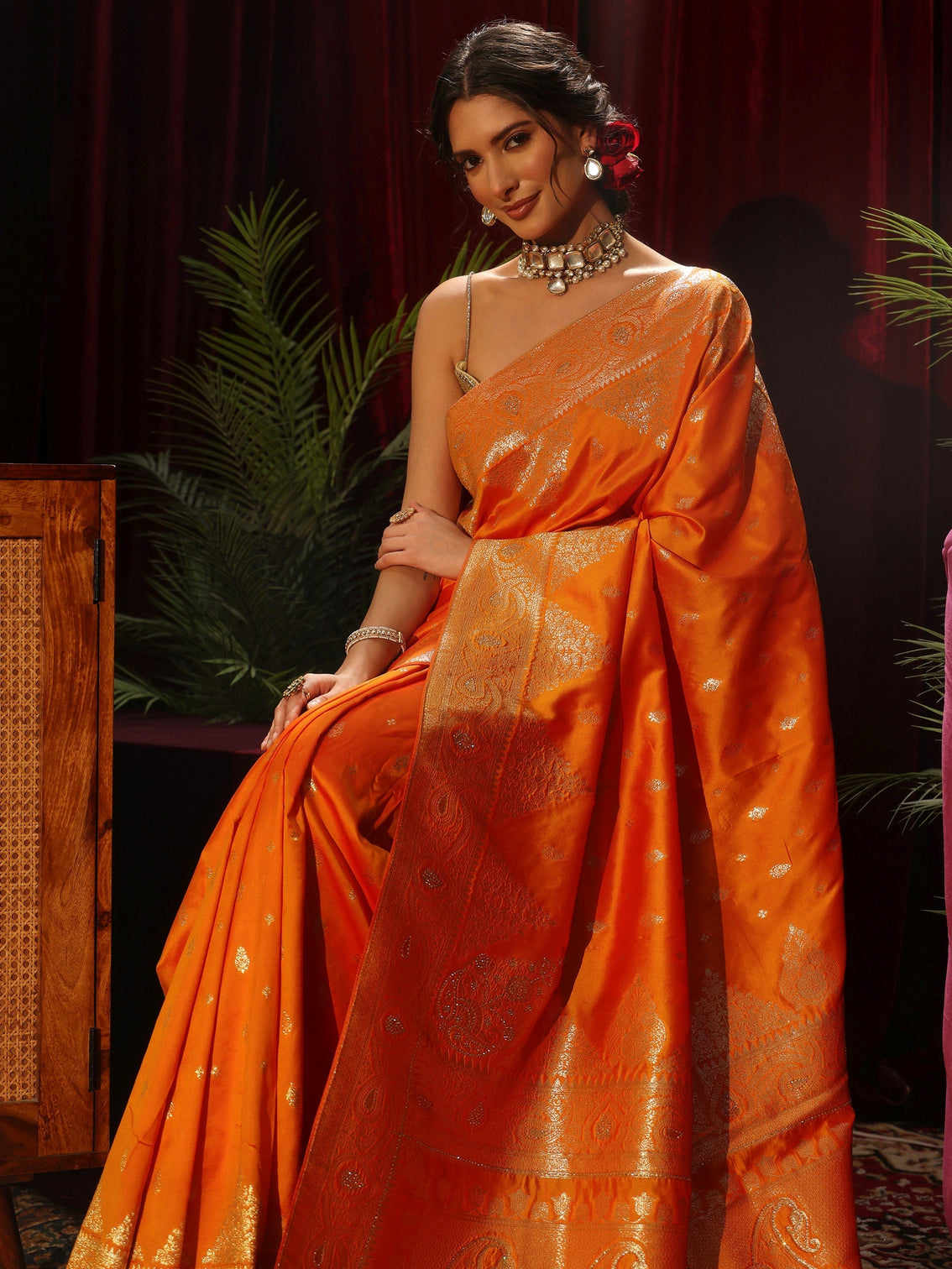 Mameraa Orange Banarasi Silk Blend Saree