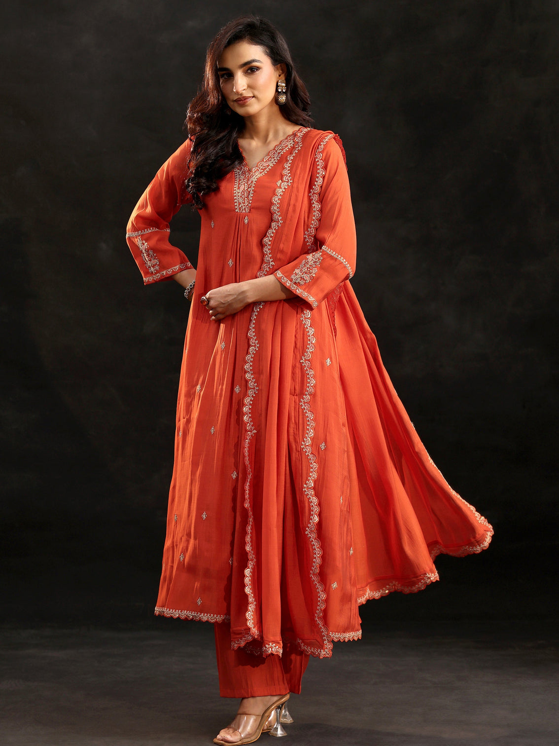 Mameraa Orange Embroidered Chanderi Cotton A-Line Suit Set