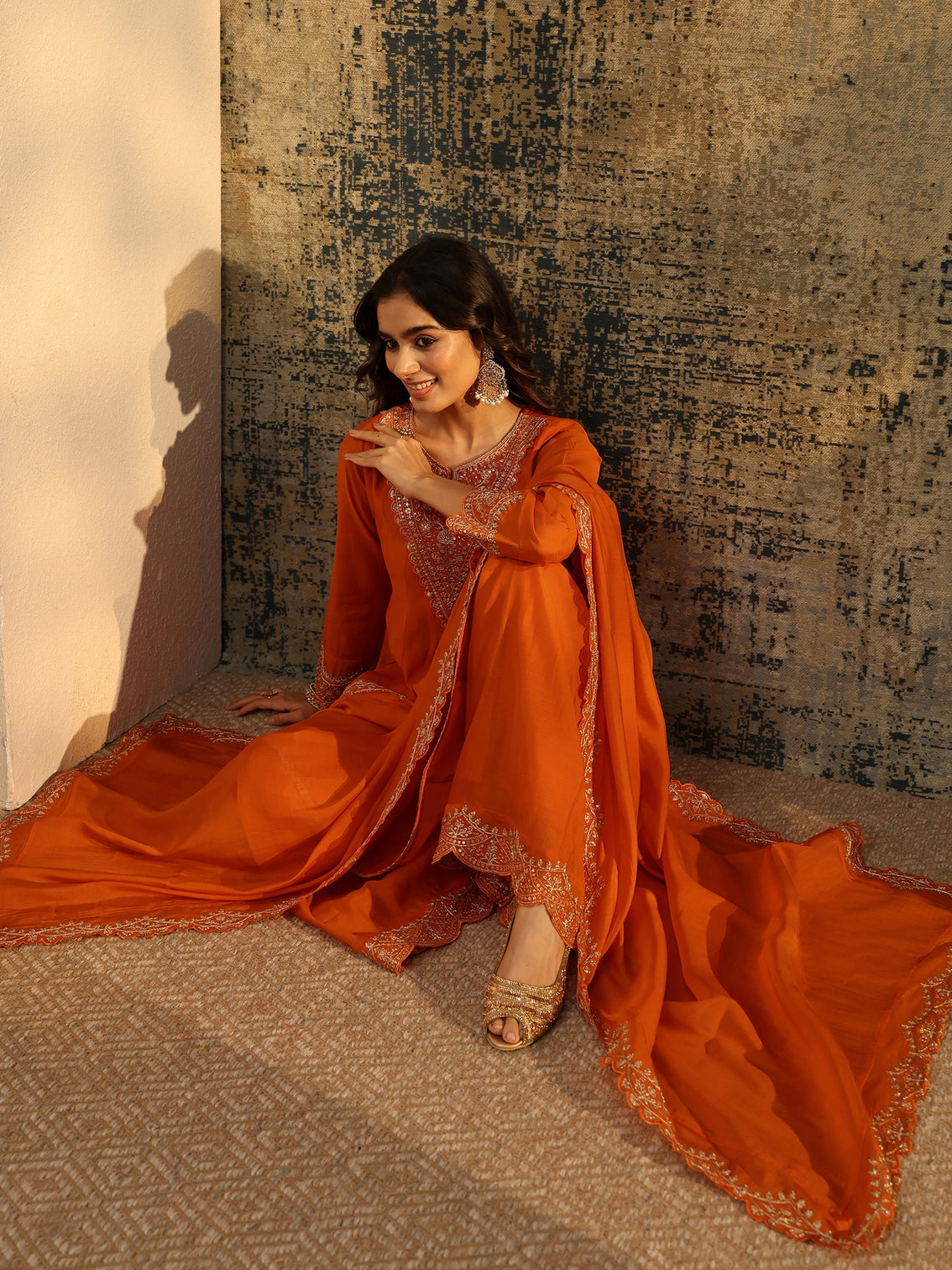 Mameraa Orange Embroidered Chanderi Cotton Anarkali Palazzo Suit Set