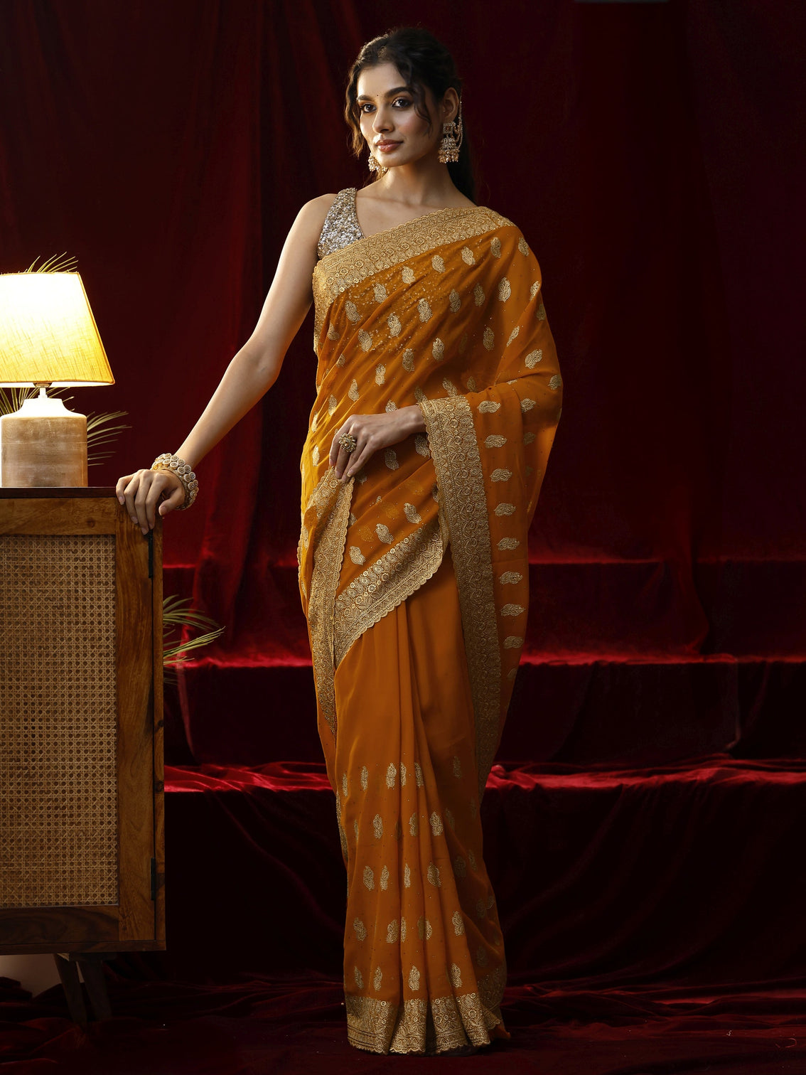 Mameraa Orange Embroidered Georgette Saree
