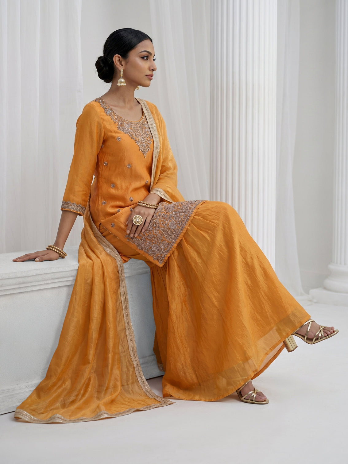 Mameraa Orange Floral Embellished Tissue Palazzo Suit Set