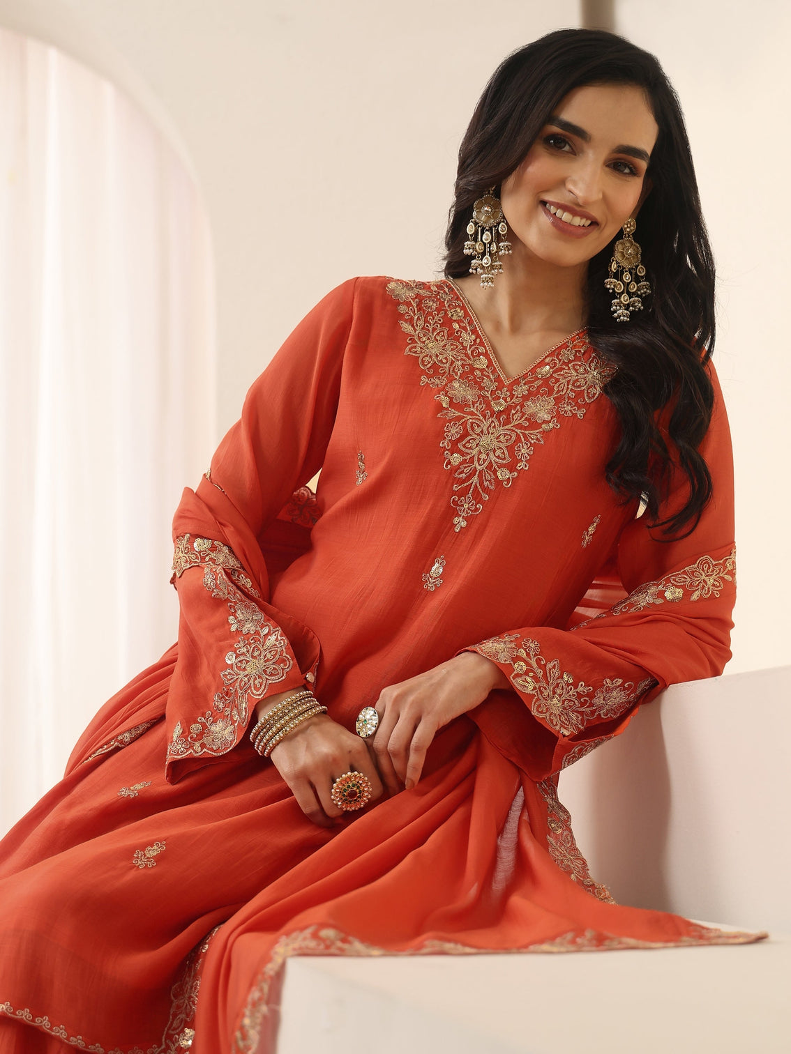 Mameraa Orange Floral Embroidered Chanderi Cotton Sharara Suit Set
