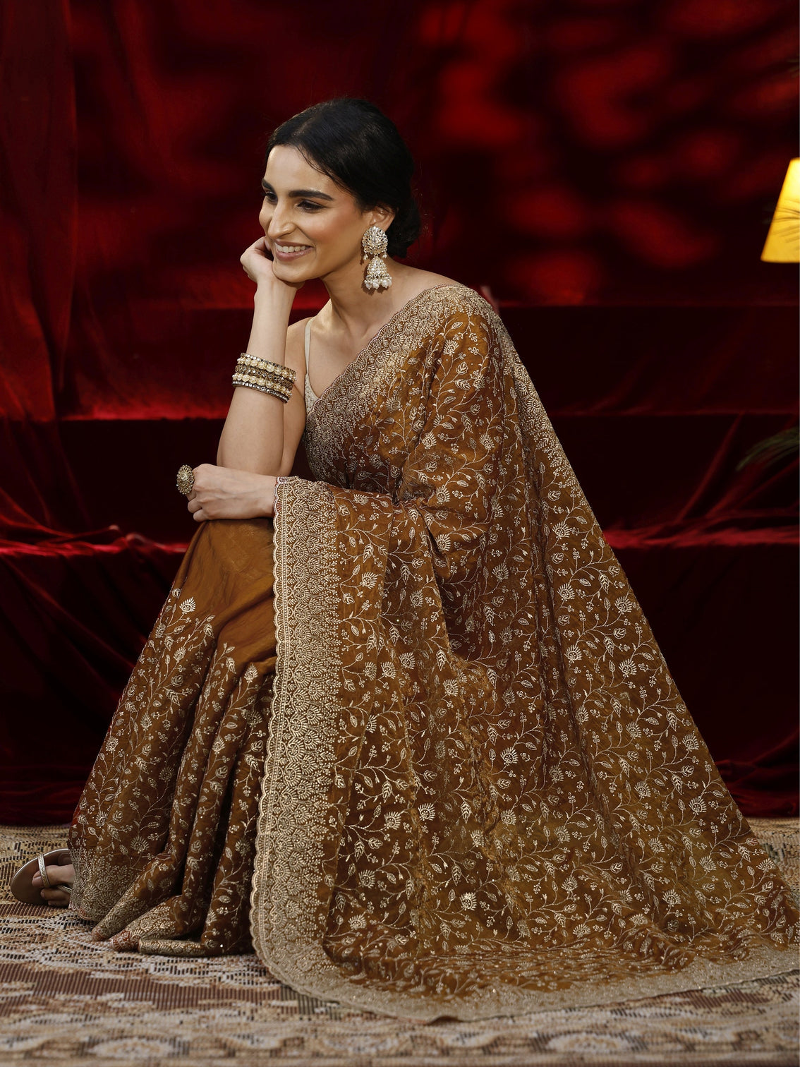 Mameraa Orange Floral Embroidered Georgette Saree