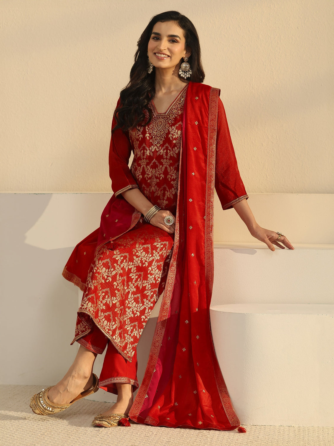 Mameraa Orange Floral Embroidered Silk Blend Straight Suit Set