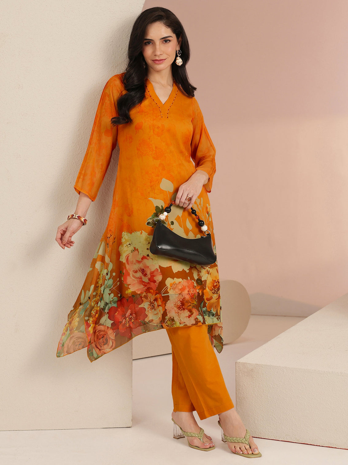 Mameraa Orange Floral Printed Chiffon High Low Kurta Set