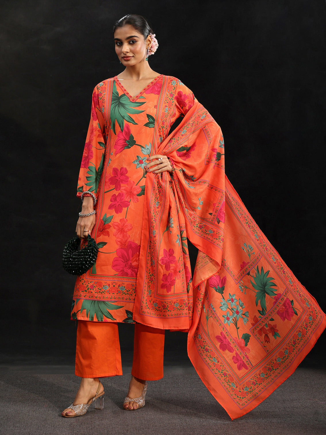 Mameraa Orange Floral Printed Cotton Blend Straight Suit Set