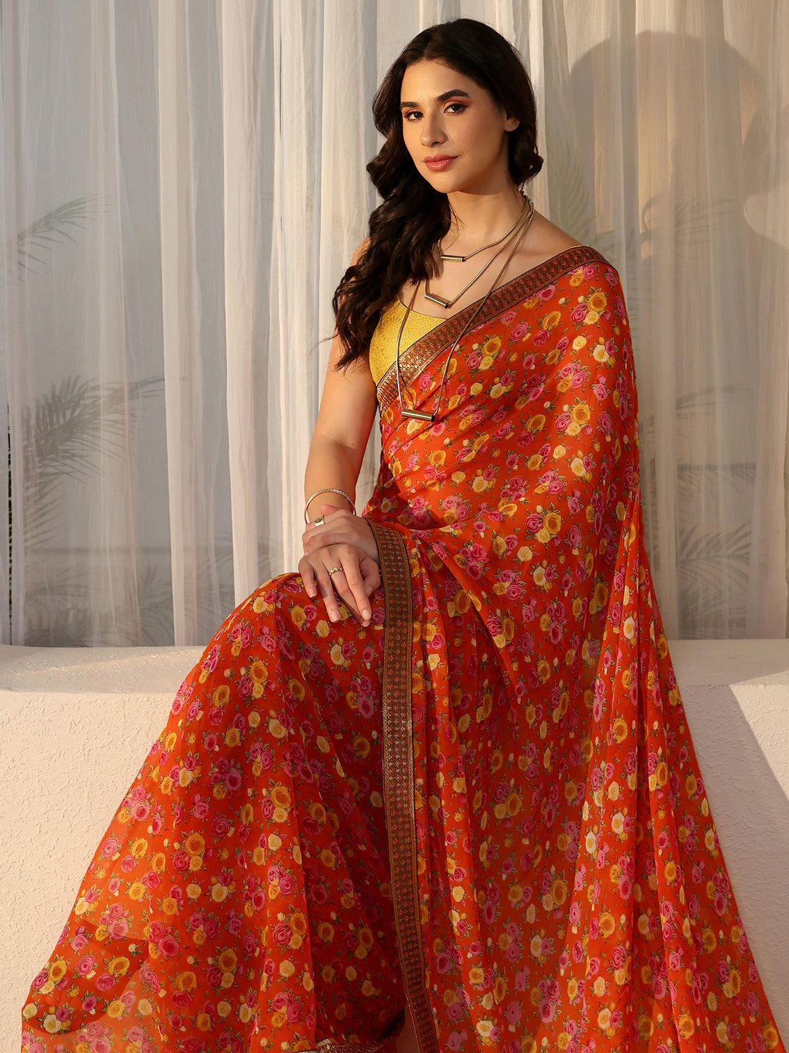 Mameraa Orange Floral Printed Georgette Saree