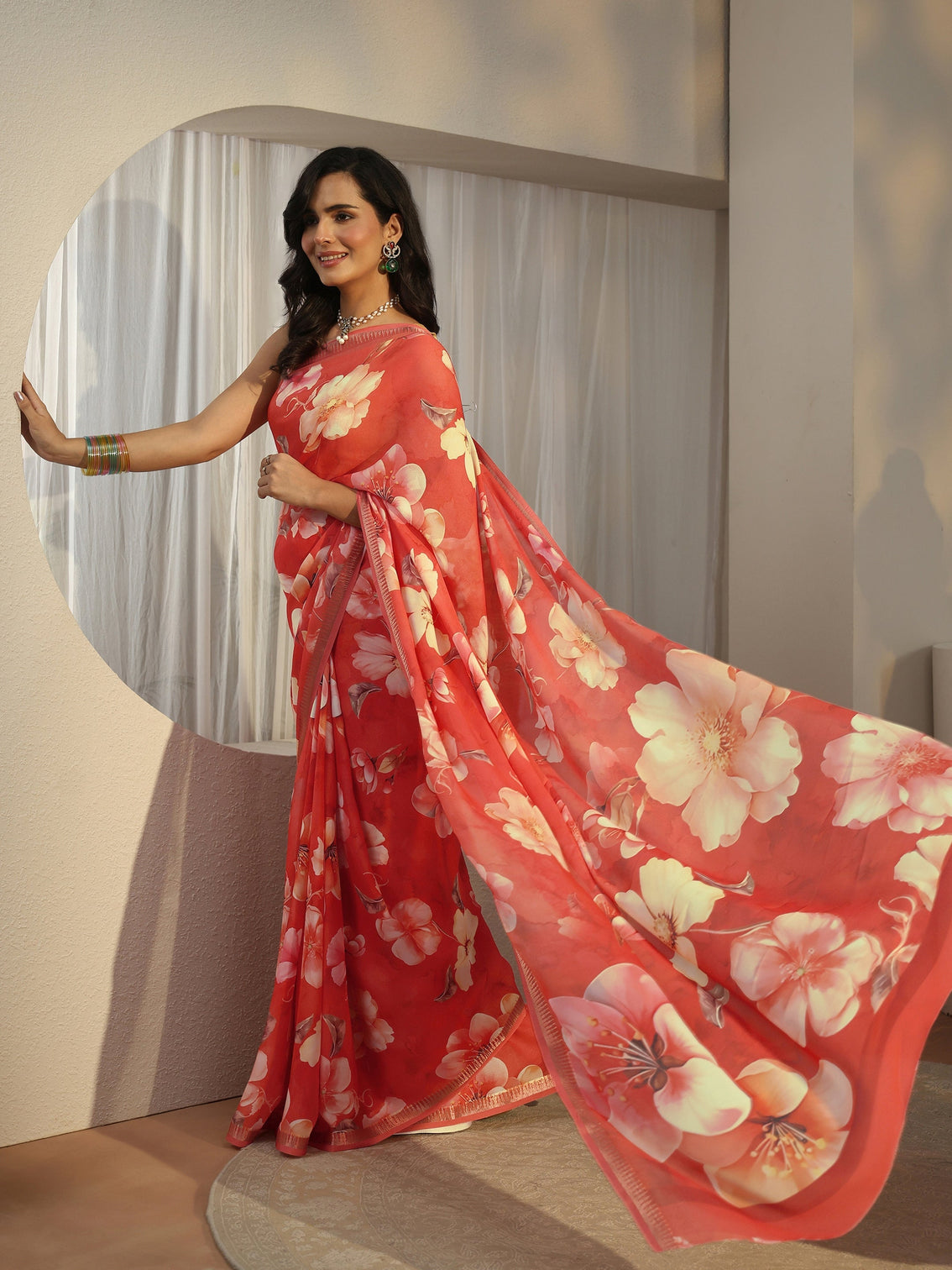 Mameraa Orange Floral Printed Silk Blend Saree