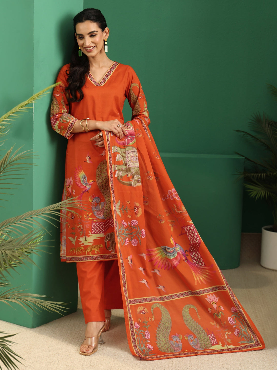 Mameraa Orange Heritage Print Cotton Straight Suit Set