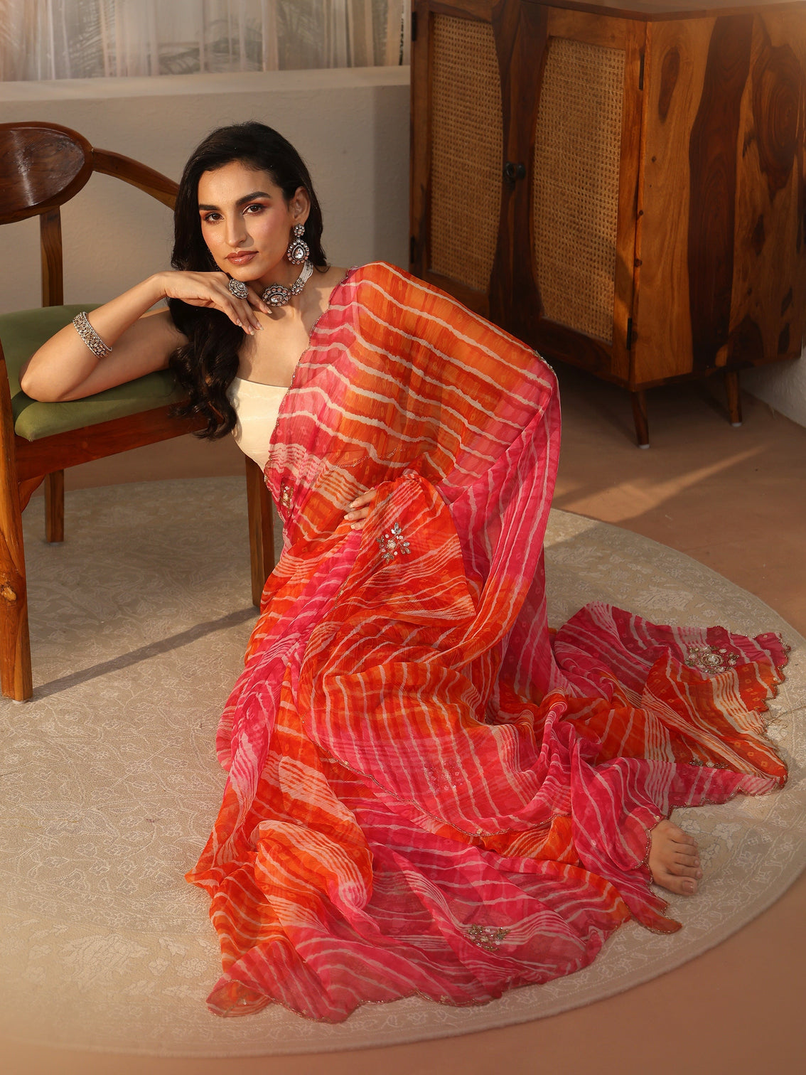 Mameraa Orange Leheriya Printed Chiffon Saree