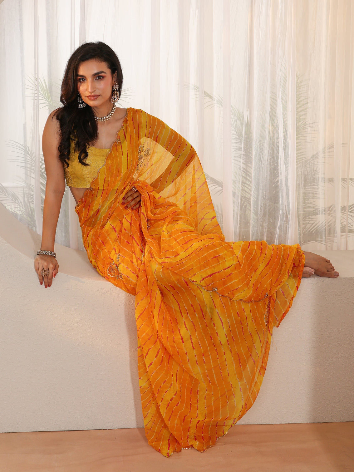 Mameraa Orange Leheriya Printed Chiffon Saree - Mameraa