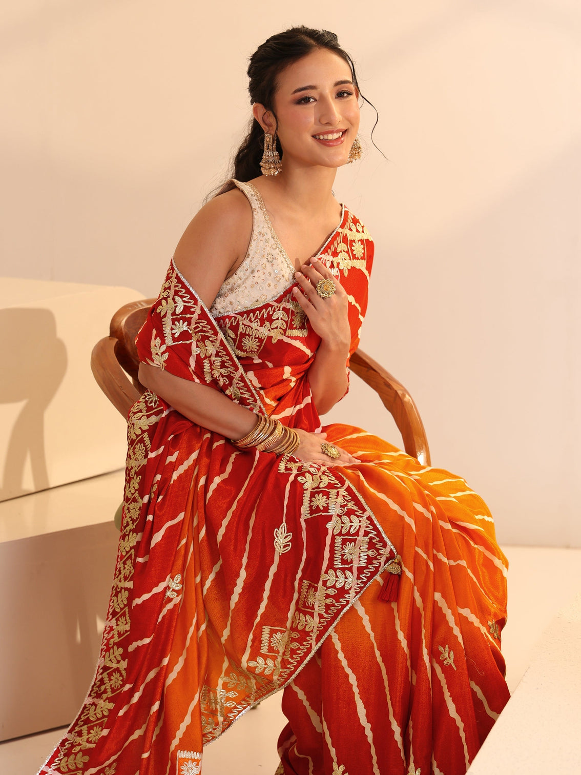 Mameraa Orange Leheriya Printed Ombre Silk Blend Saree