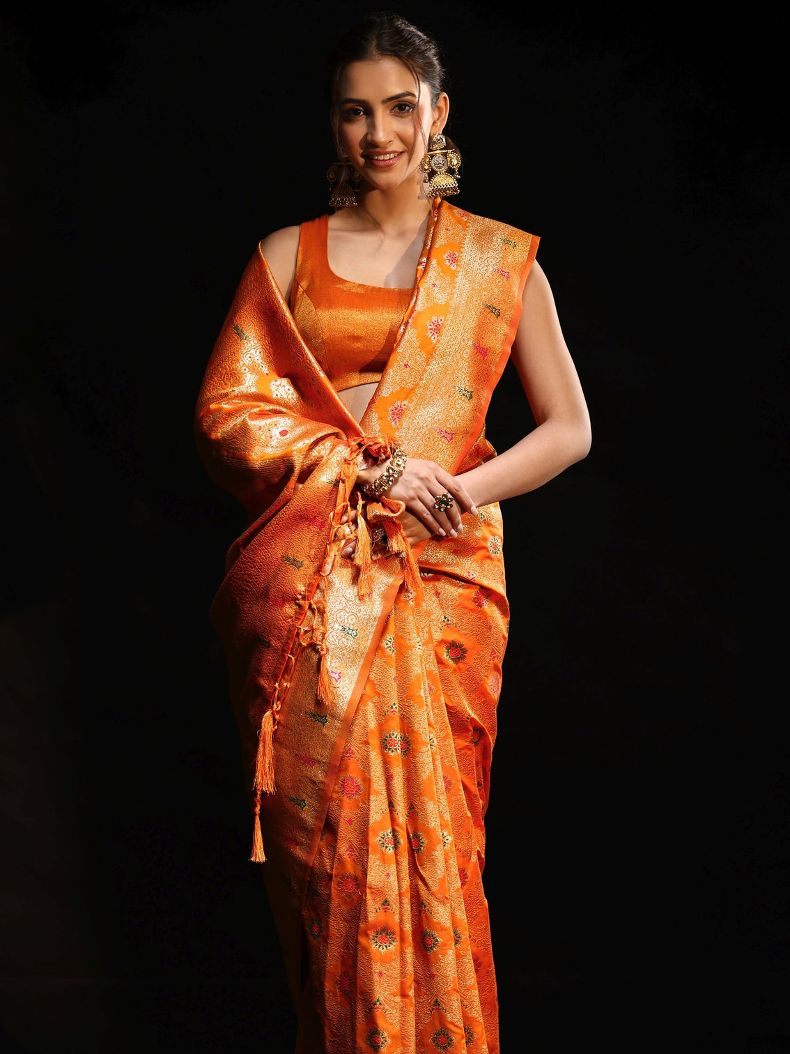 Mameraa Orange Meenakari Banarasi Silk Blend Saree