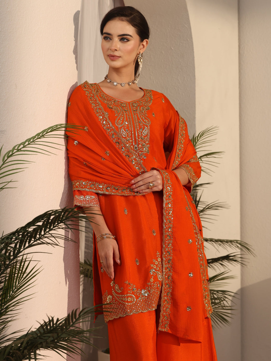 Mameraa Orange Sequin Embellished Chinon Palazzo Suit Set