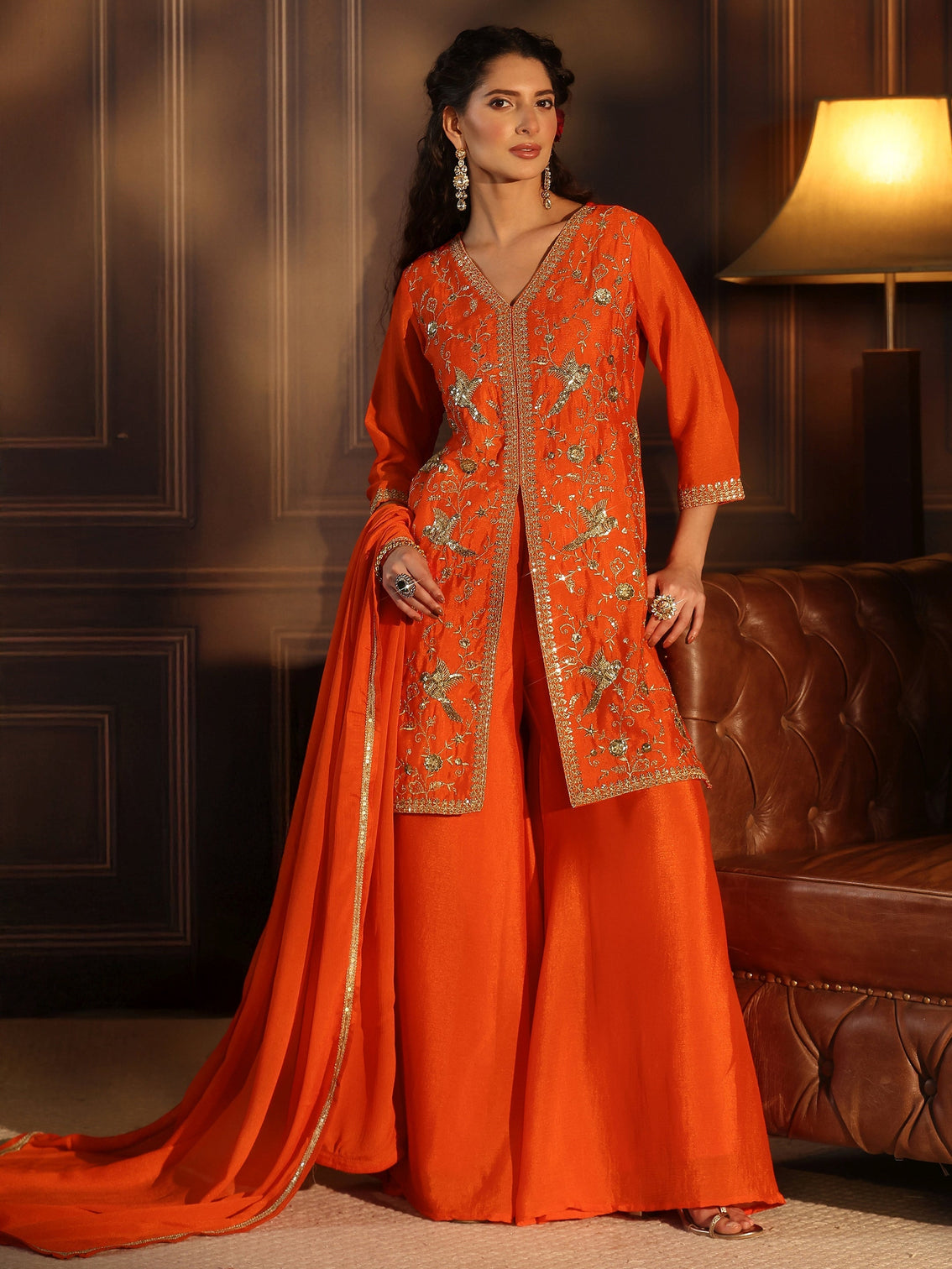 Mameraa Orange Sequin Embellished Chinon Palazzo Suit Set