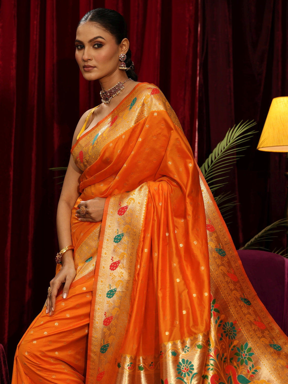 Mameraa Orange Silk Blend Paithani Saree