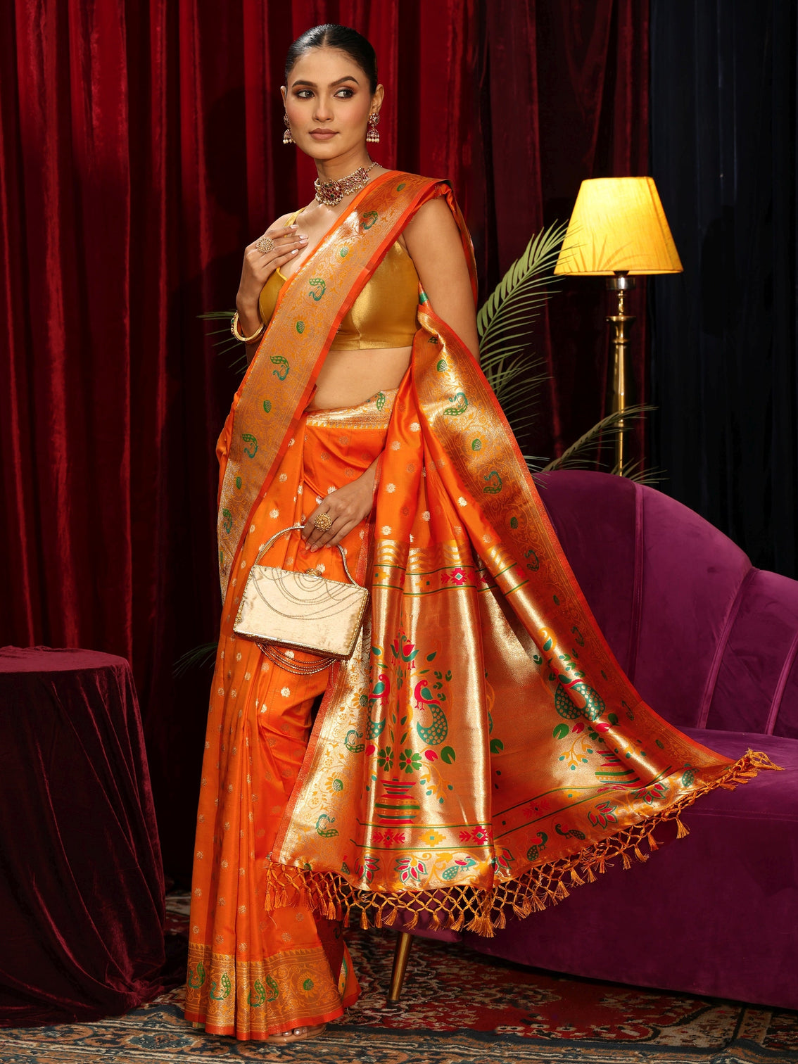 Mameraa Orange Silk Blend Paithani Tassel Saree