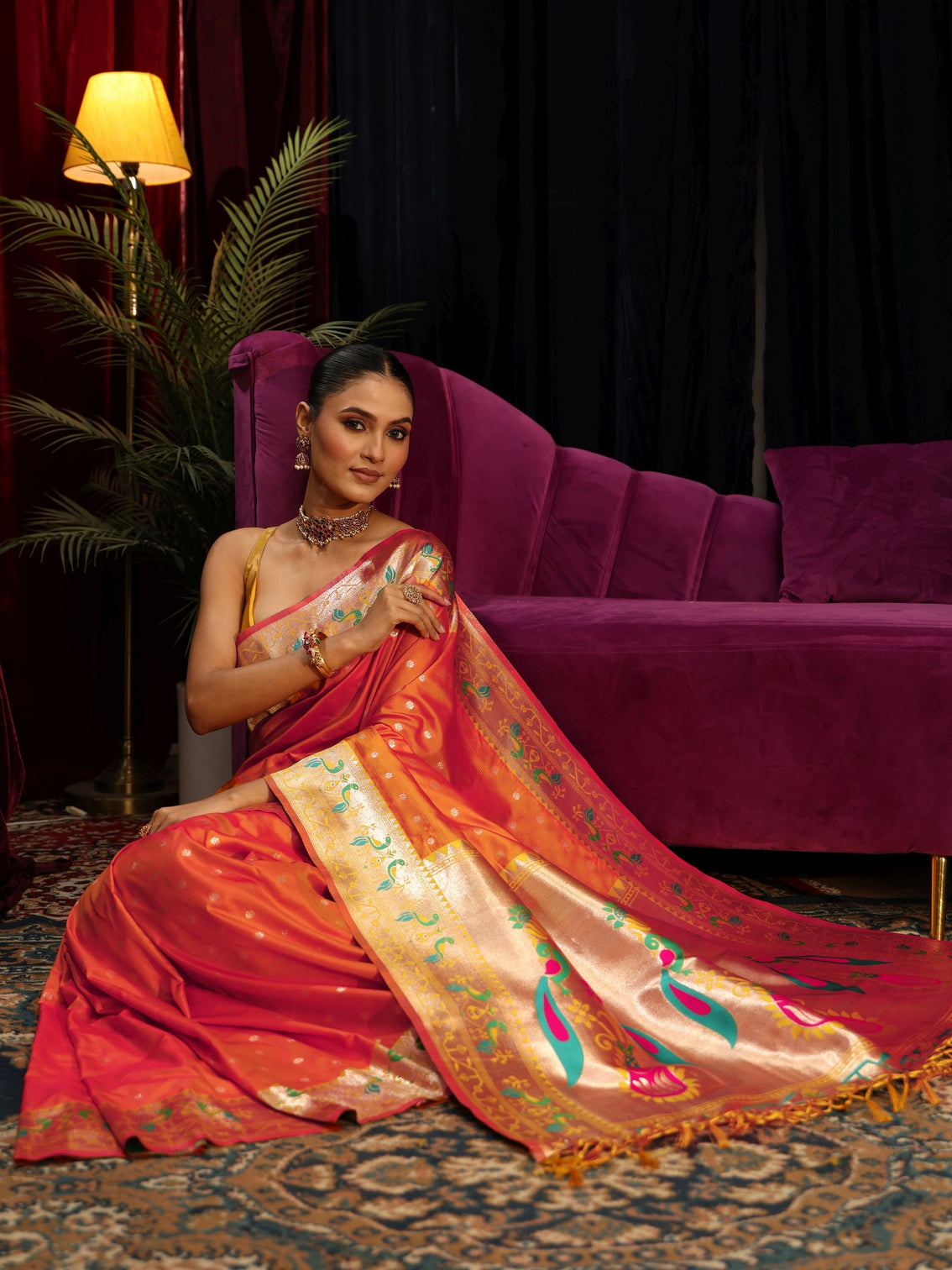 Mameraa Orange Silk Blend Paithani Tassel Saree