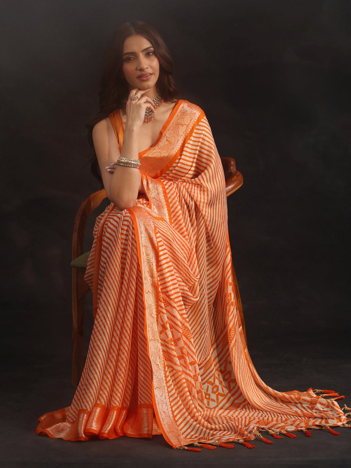Mameraa Orange Striped Chiffon Saree with Paisley Border