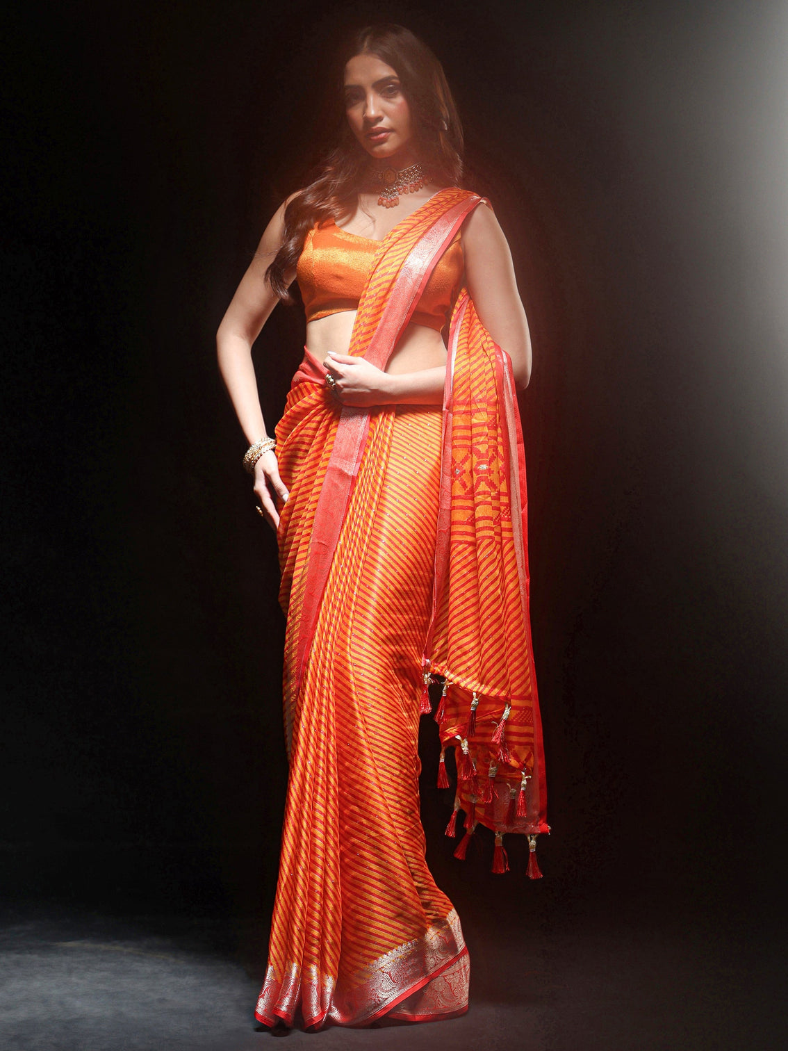 Mameraa Orange Striped Chiffon Saree with Paisley Border