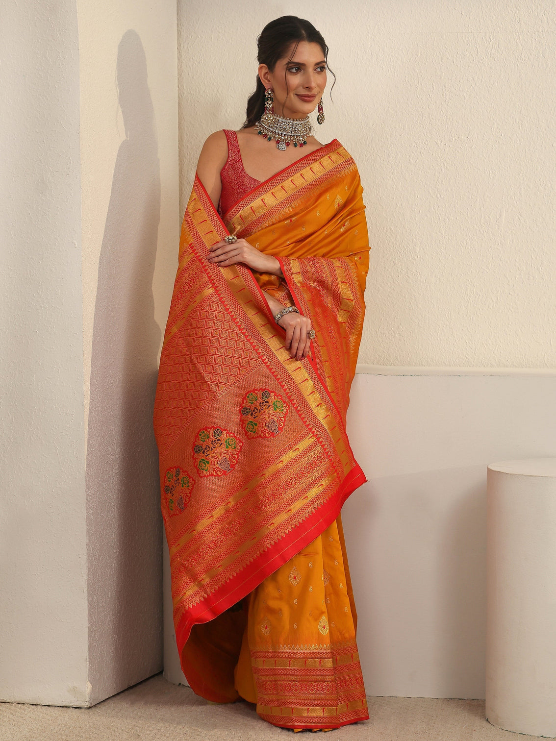 Mameraa Orange Woven Design Silk Blend Saree