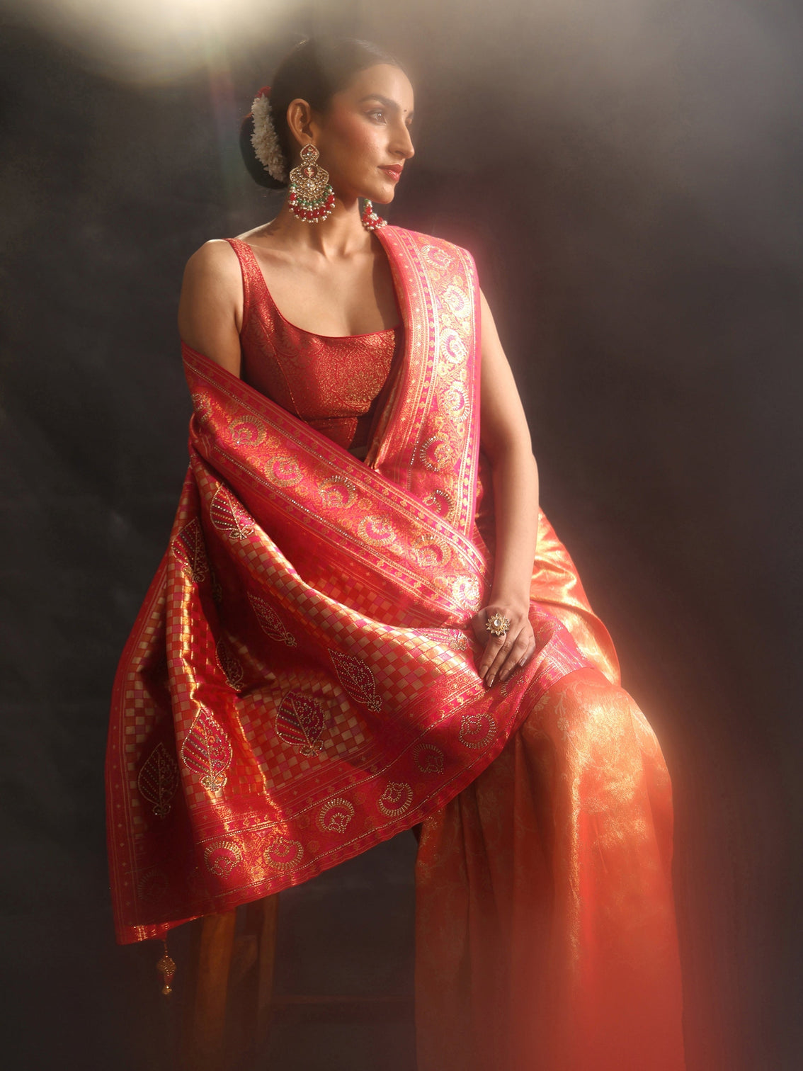 Mameraa Orange Woven Design Silk Blend Saree with Embellished Border