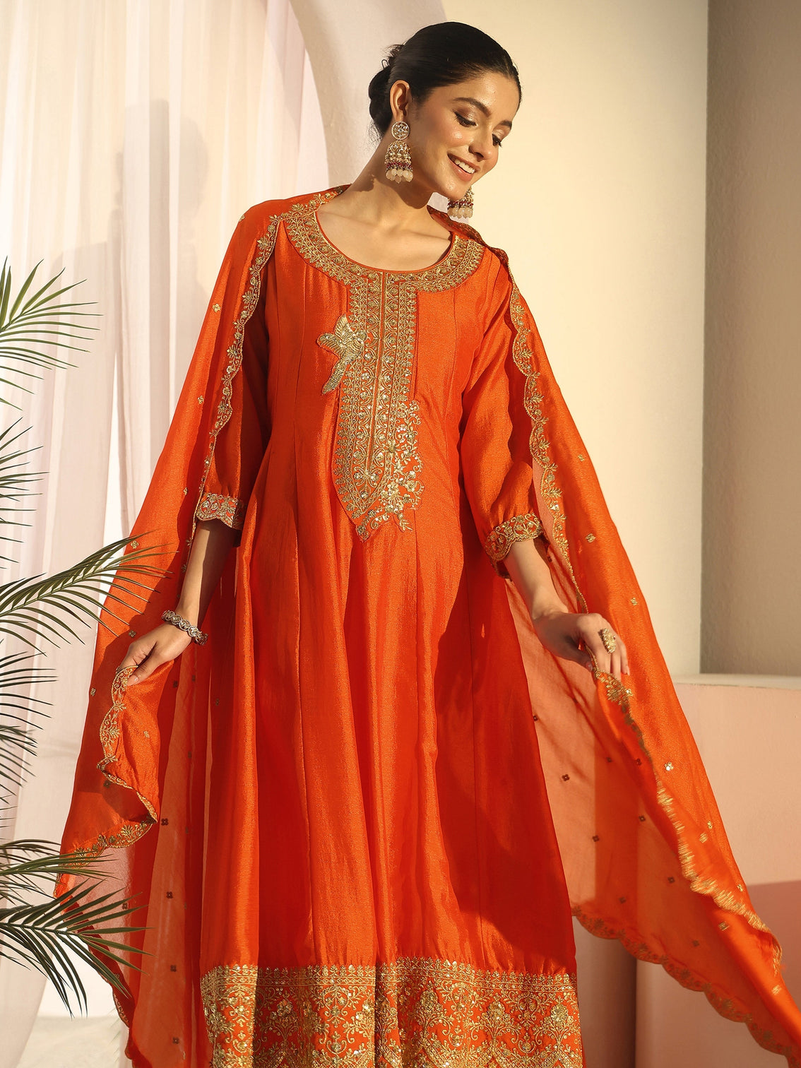 Mameraa Orange Yoke Embroidered Silk Blend Anarkali Suit Set