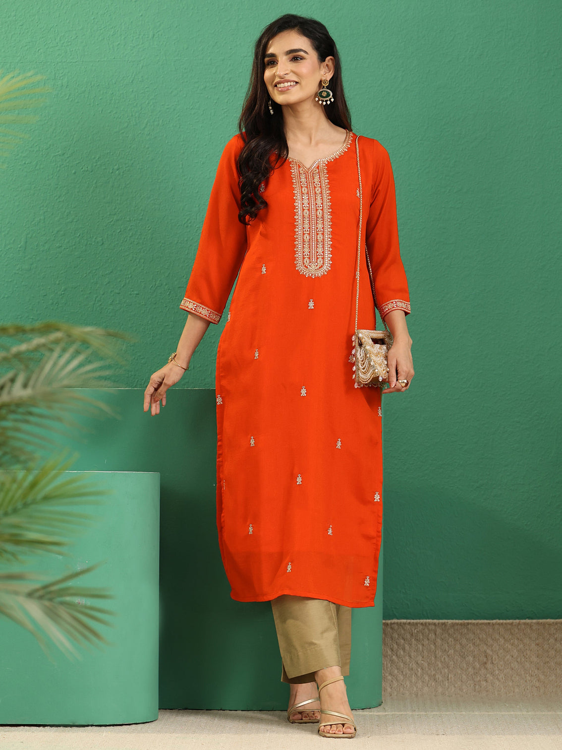 Mameraa Orange Yoke Embroidered Silk Blend Straight Kurta