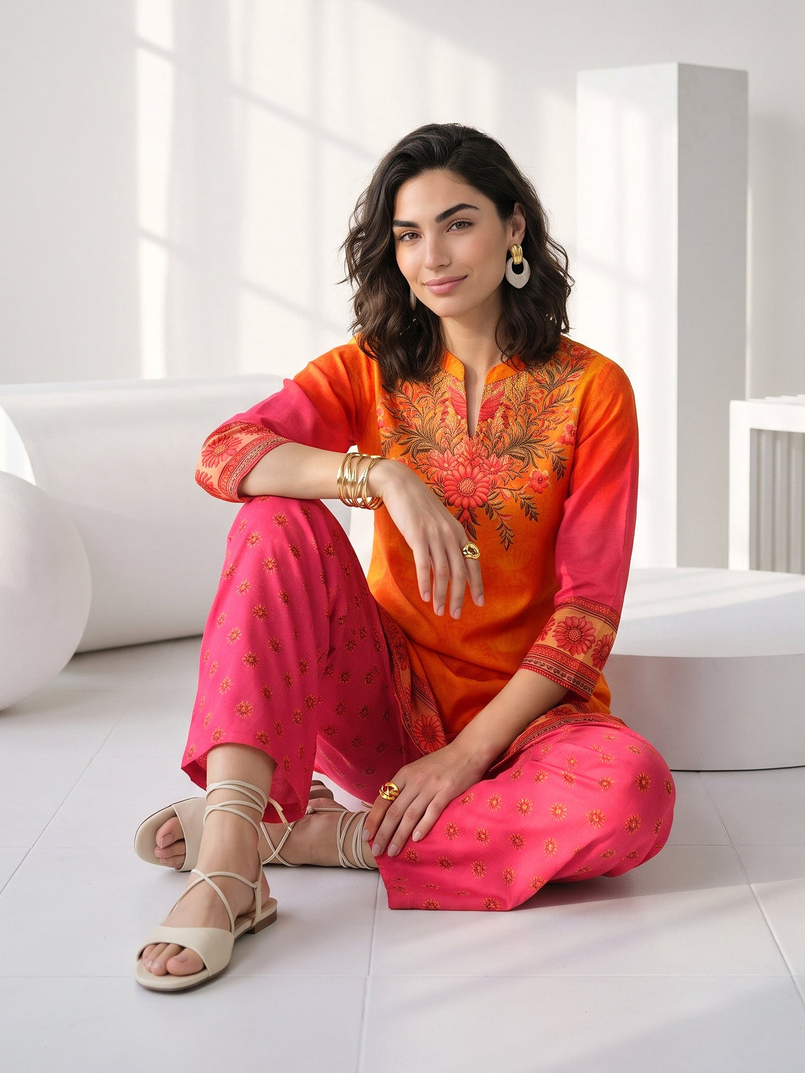 Mameraa Orange and Pink Printed Chiffon Straight Kurta Set