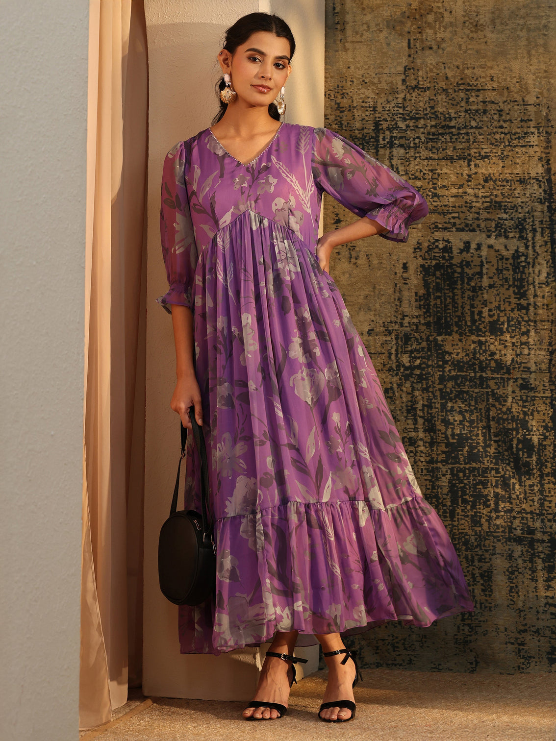 Mameraa Orchid Purple Floral Printed Empire Chiffon Dress