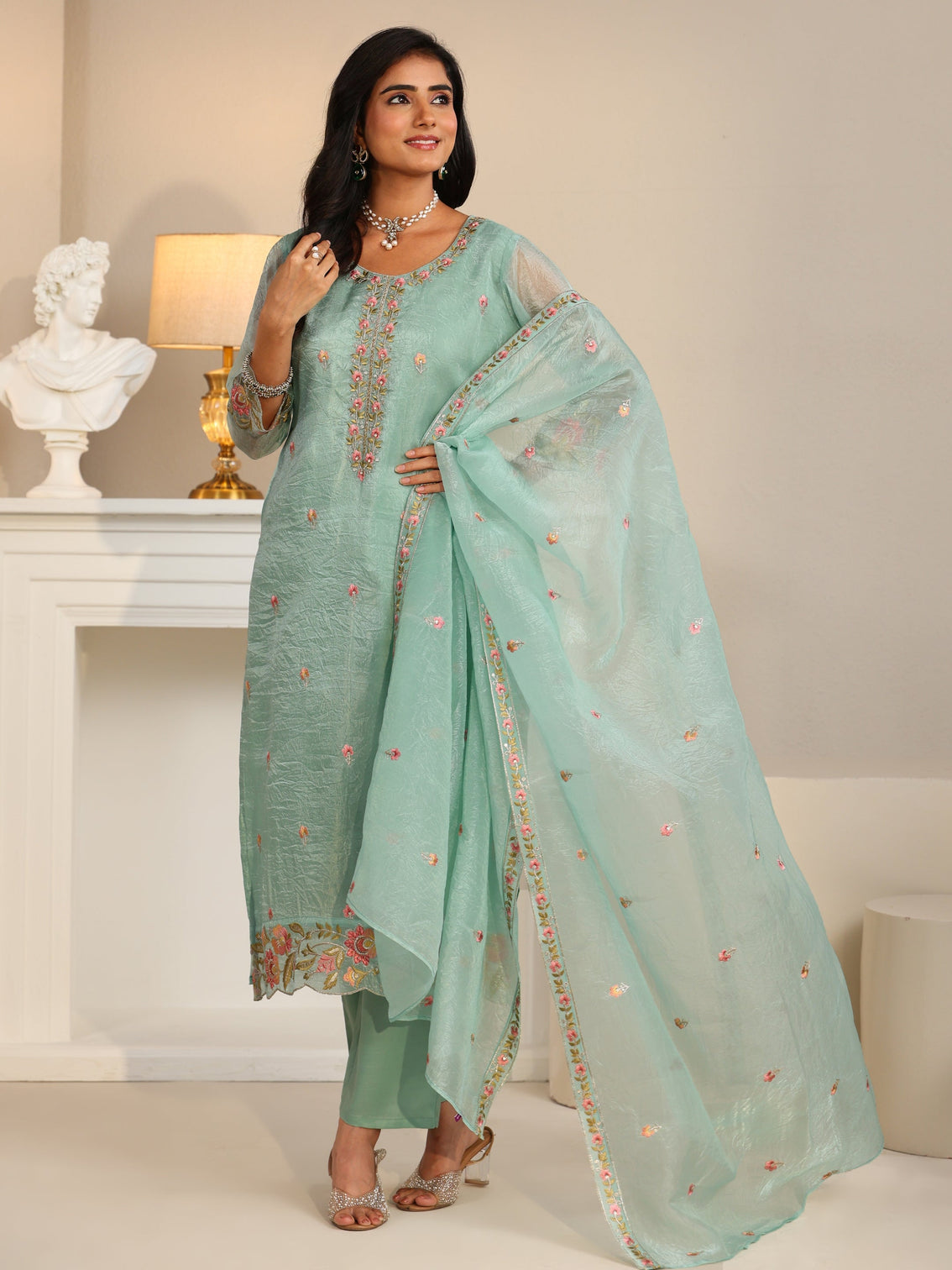Mameraa Pale Turquoise Blue Floral Embroidered Tissue Straight Suit Set