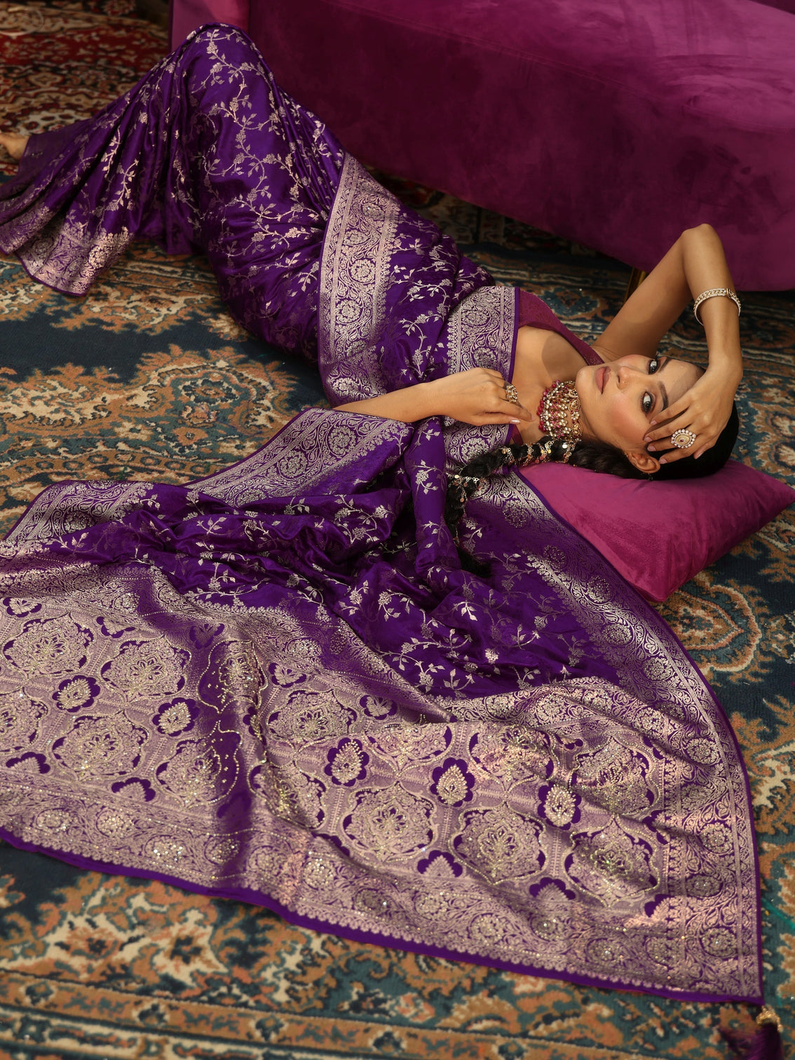 Mameraa Pansy Purple Floral Woven Design Satin Saree