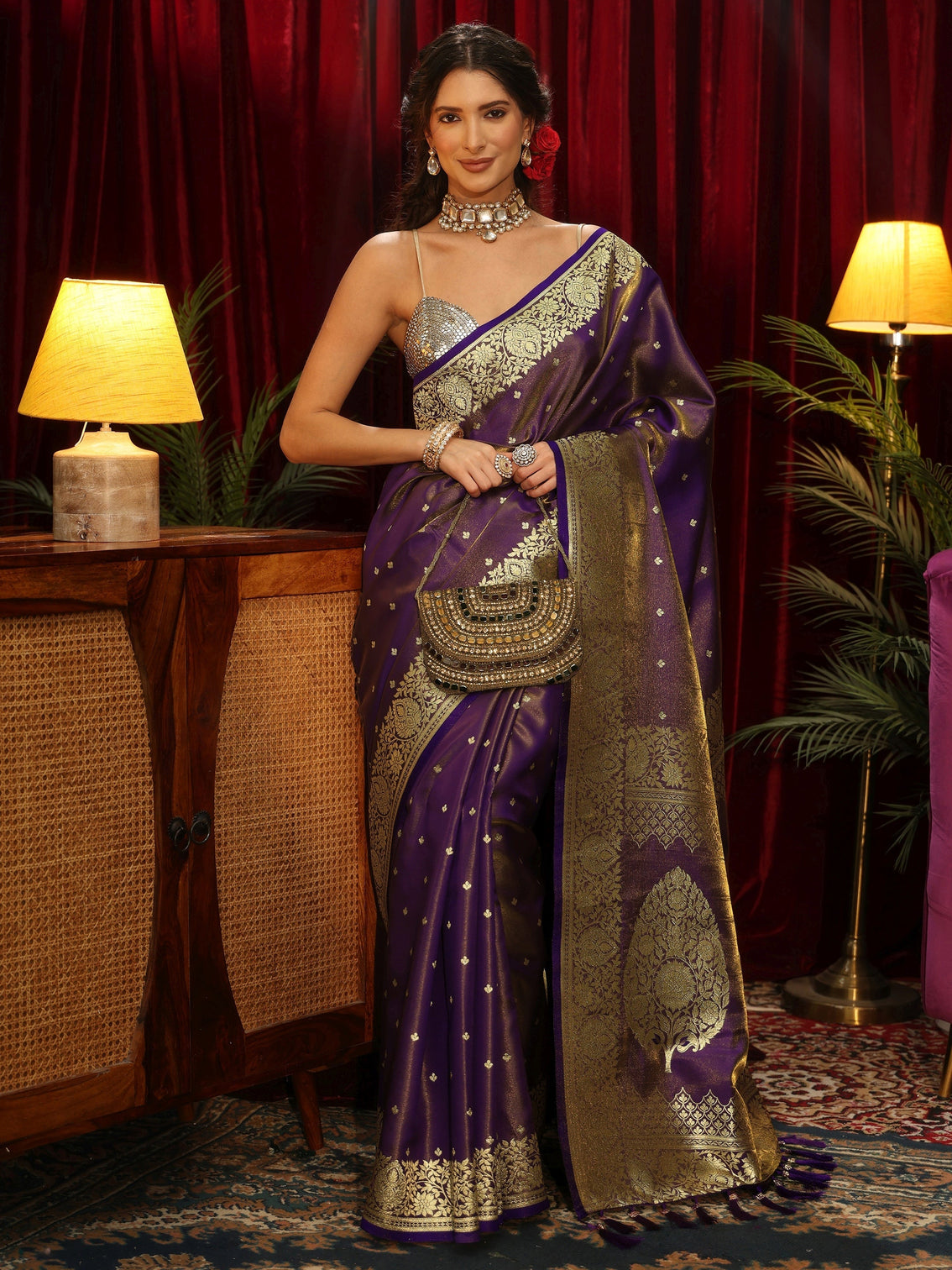 Mameraa Pansy Purple Floral Woven Design Satin Saree