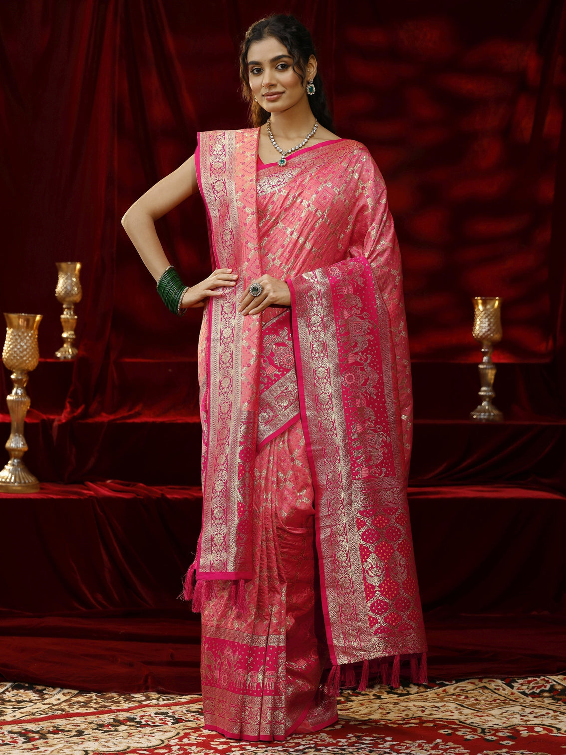 Mameraa Peach Badhani Woven Design Silk blend Saree with dupatta