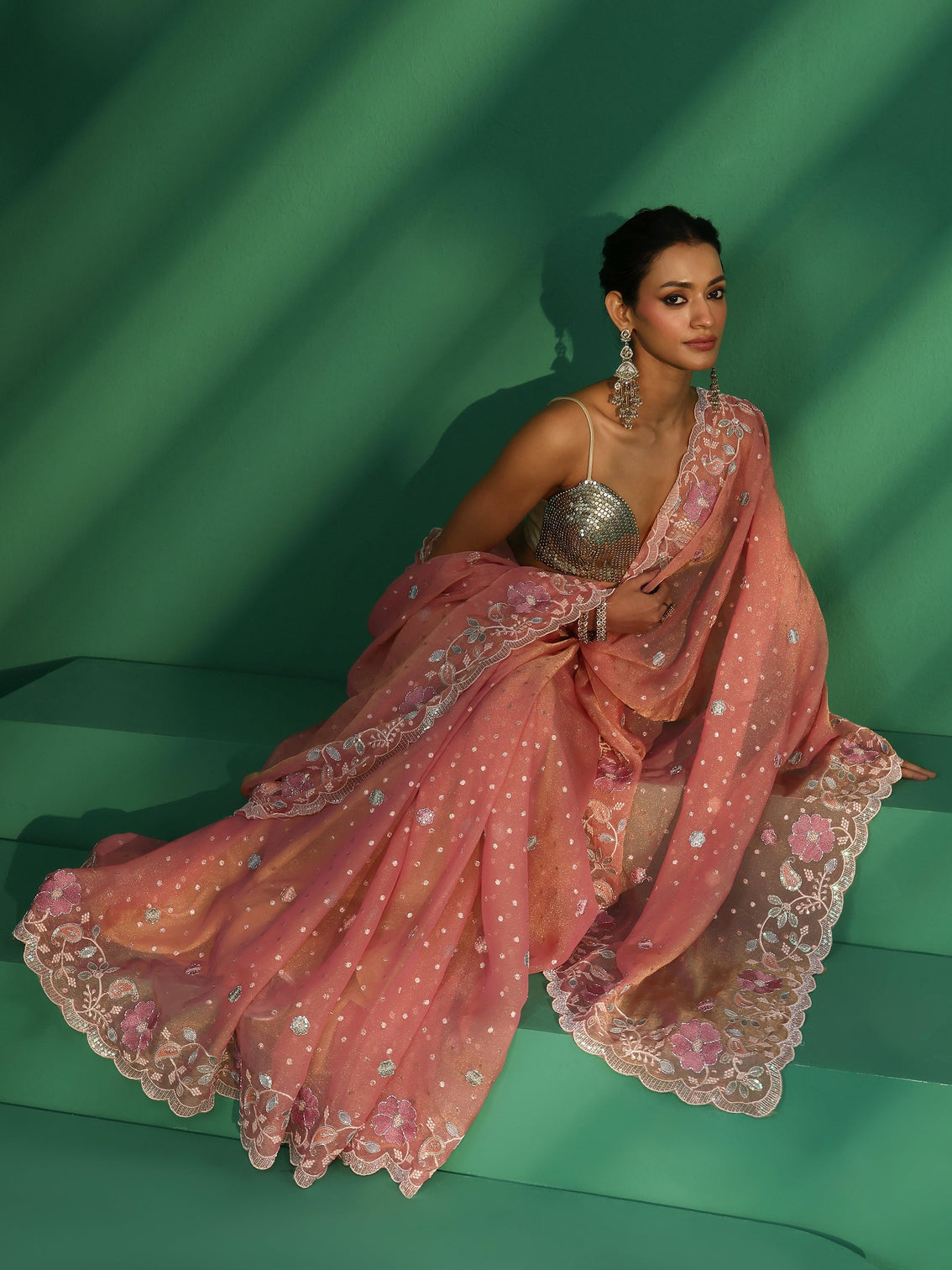 Mameraa Peach Embellished Tissue Saree with Floral Embroidered Border