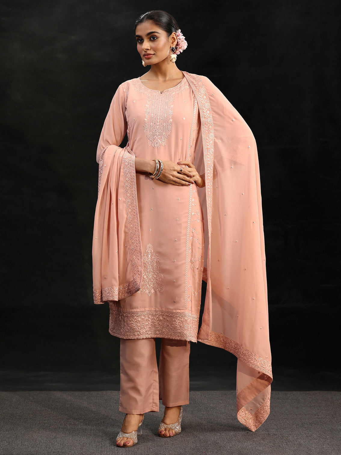 Mameraa Peach Embroidered Georgette Straight Suit Set