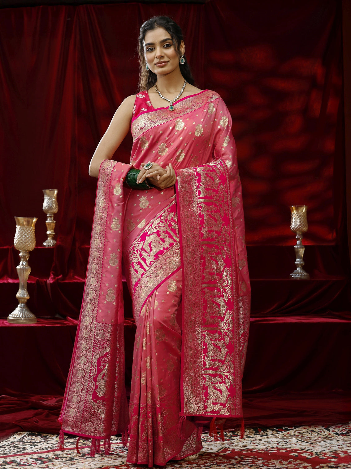 Mameraa Peach Ethnic Motif Woven Design Silk blend Saree with dupatta