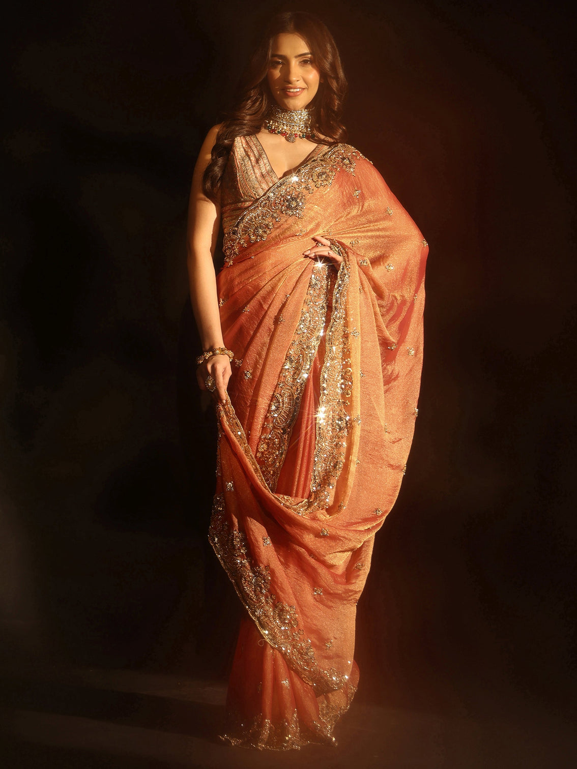Mameraa Peach Floral Embellished Tissue Saree