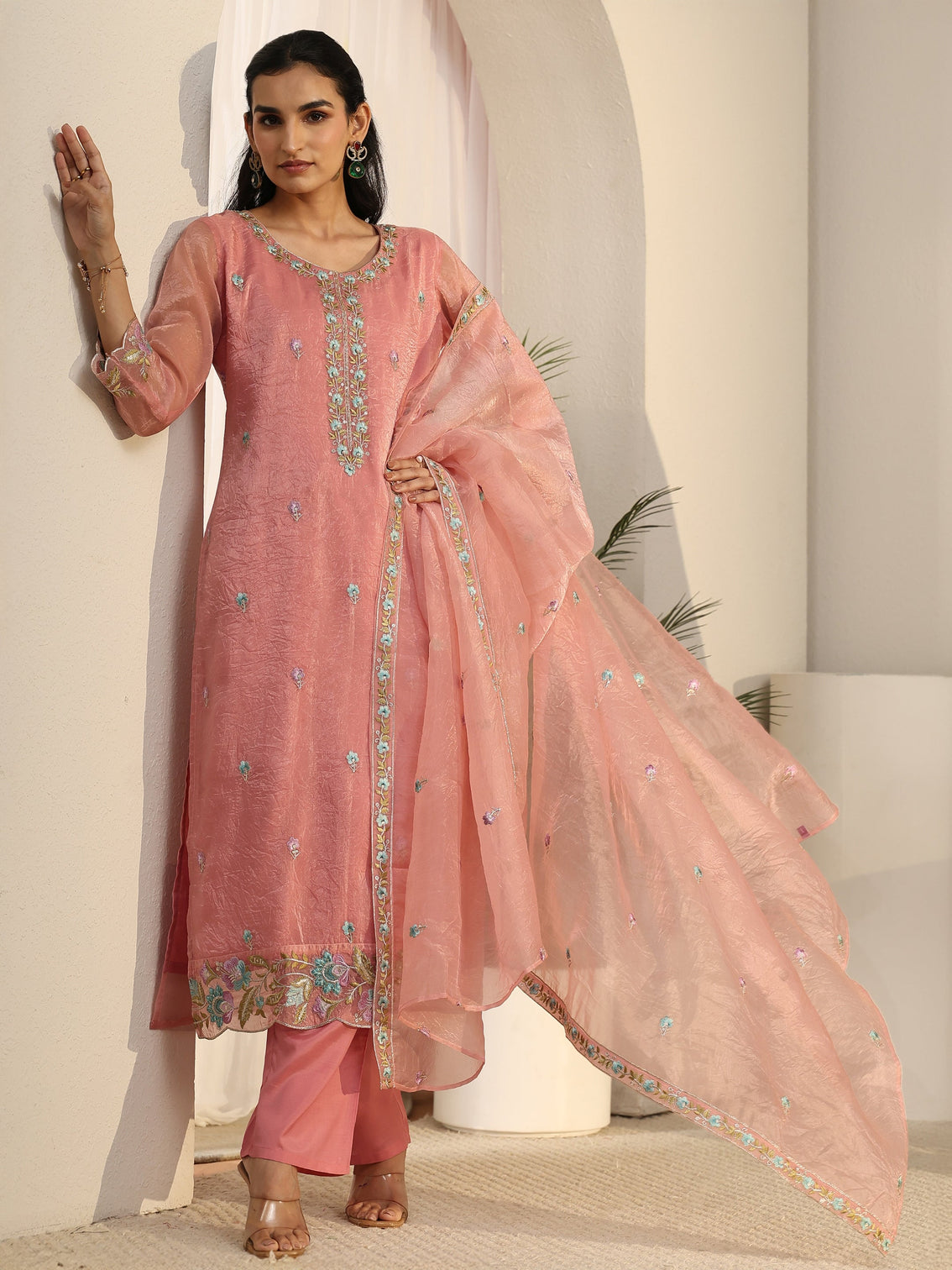 Mameraa Peach Floral Embroidered Tissue Straight Suit Set