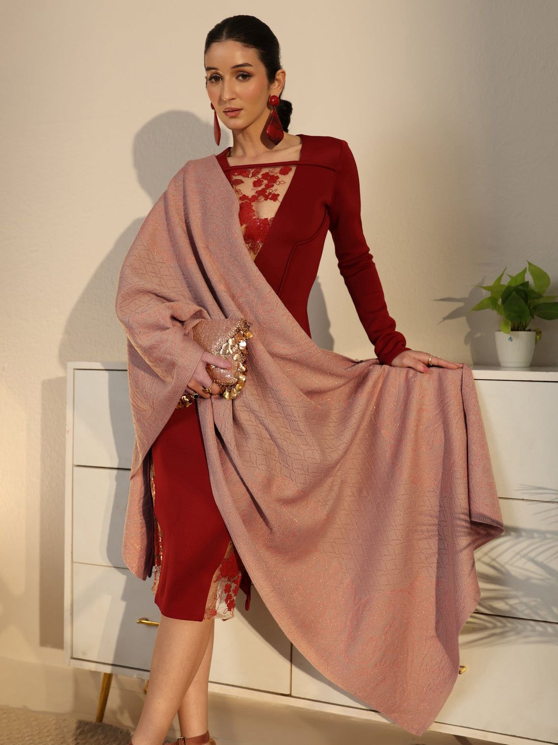 Mameraa Peach Floral Knitted Acrylic Shawl
