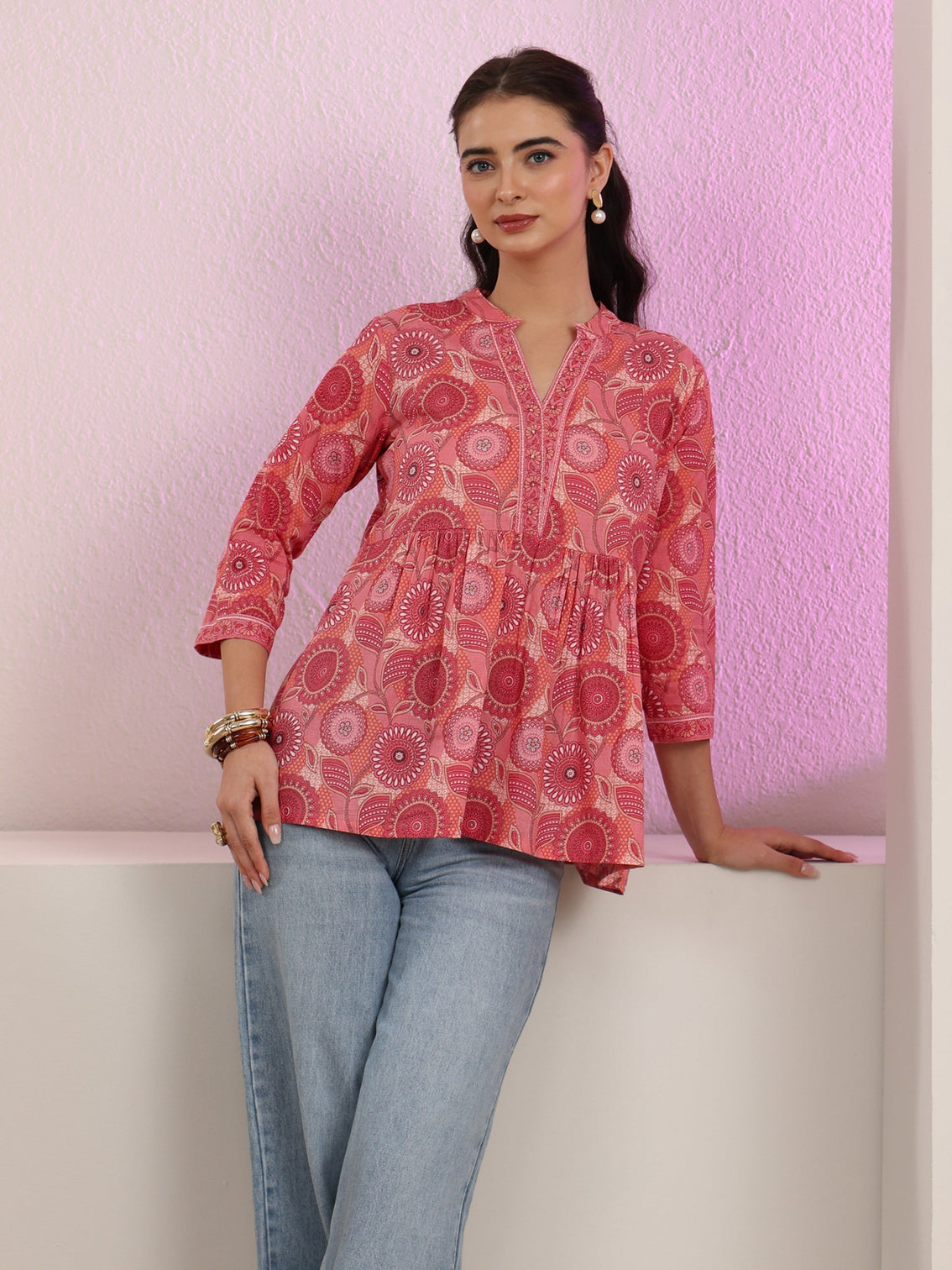 Mameraa Peach Floral Printed Cotton A-Line Pleated Top