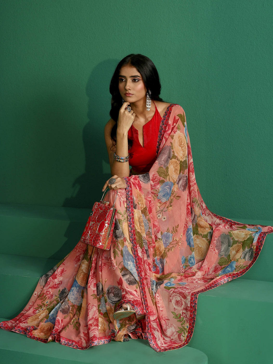 Mameraa Peach Floral Printed Georgette Saree