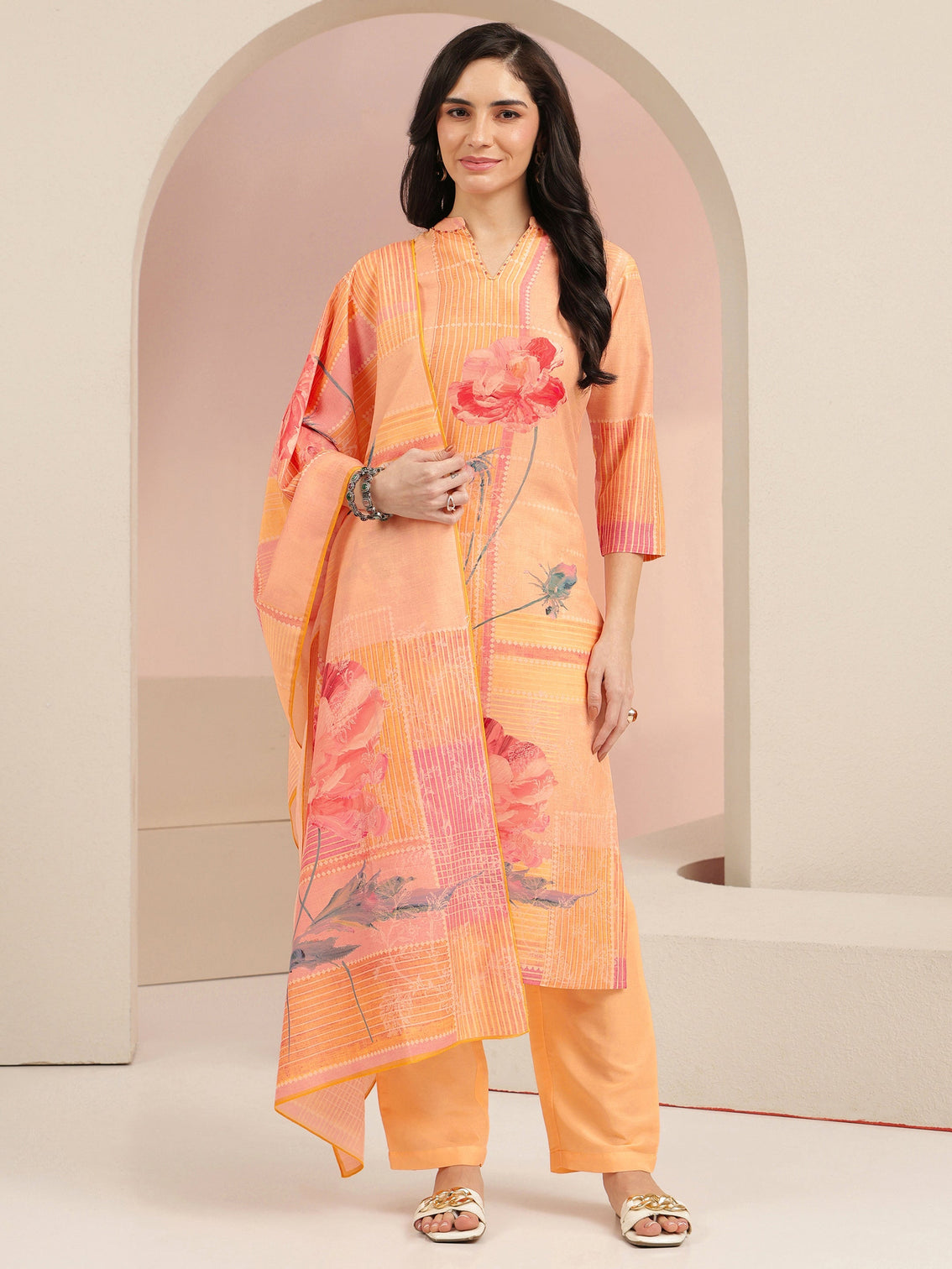 Mameraa Peach Floral Printed Silk Blend Straight Suit Set