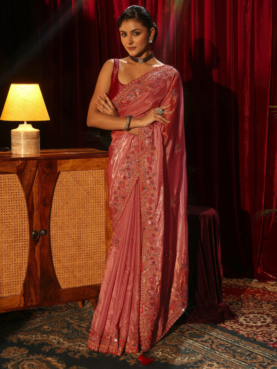 Mameraa Peach Floral Satin Saree with Embroidered Border